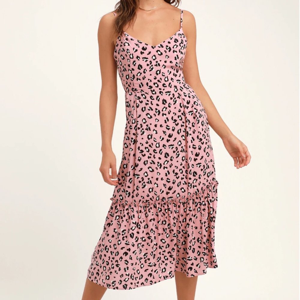 Pink Leopard Print Midi Dress - Size M